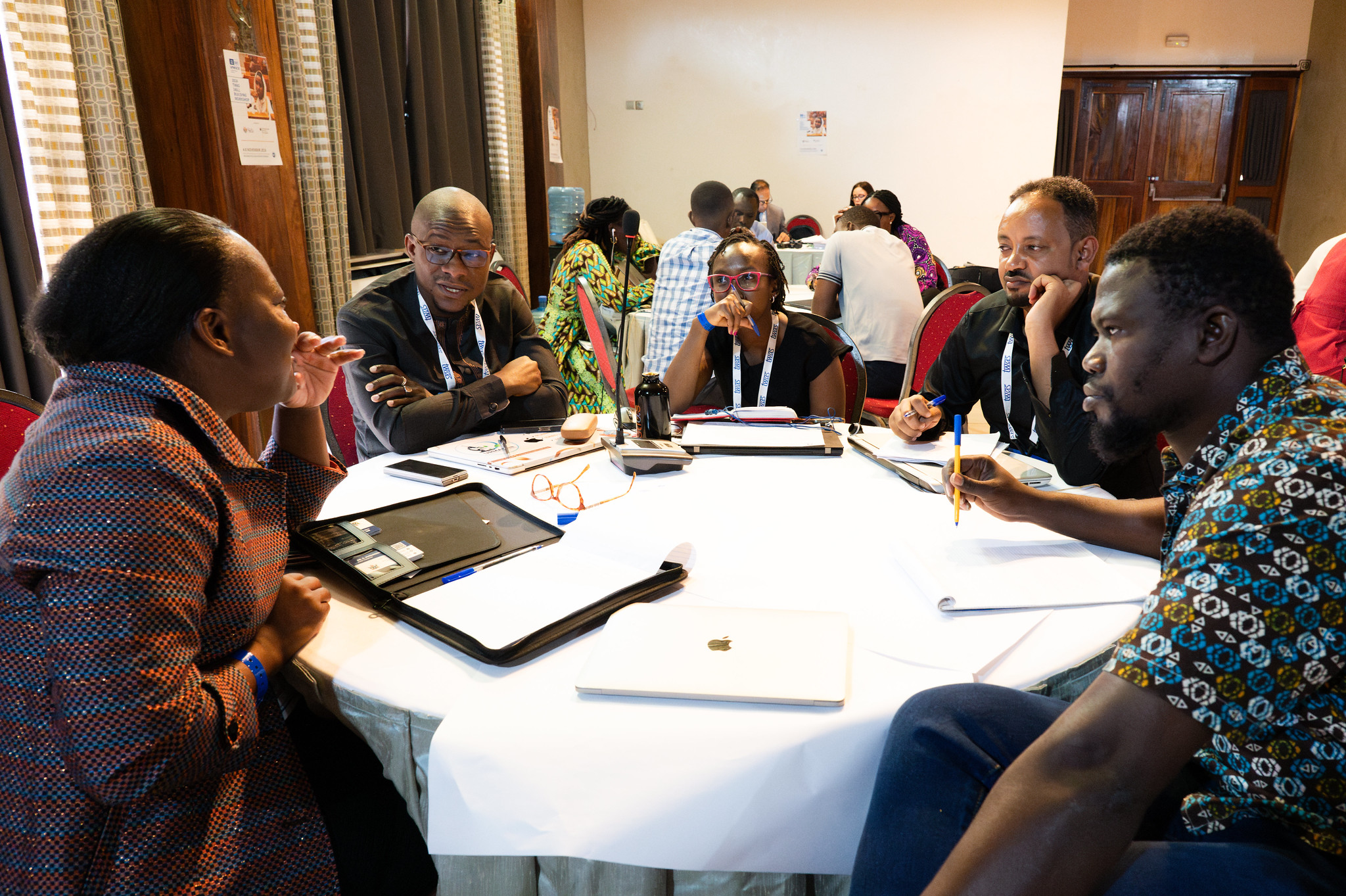 From left: Electdom Matandirotya, SG-NAPI Awardee, University of Zimbabwe, Department of Space Science and Applied Physics, Harare, Zimbabwe; Victorien Dougnon, URMAPha Université d’Abomey-Calavi; Faith Jebiwot Kandie, SG-NAPI Grantee, Moi University, Eldoret, Kenya; Alemayehu Abate Shawul, SG-NAPI Grantee, Madda Walabu University, Robe, Ethiopia; and Moustapha Dieye, Research Grantee, École Polytechnique de Thiès, Thies, Senegal. (Photo: G. Ortolani/TWAS)