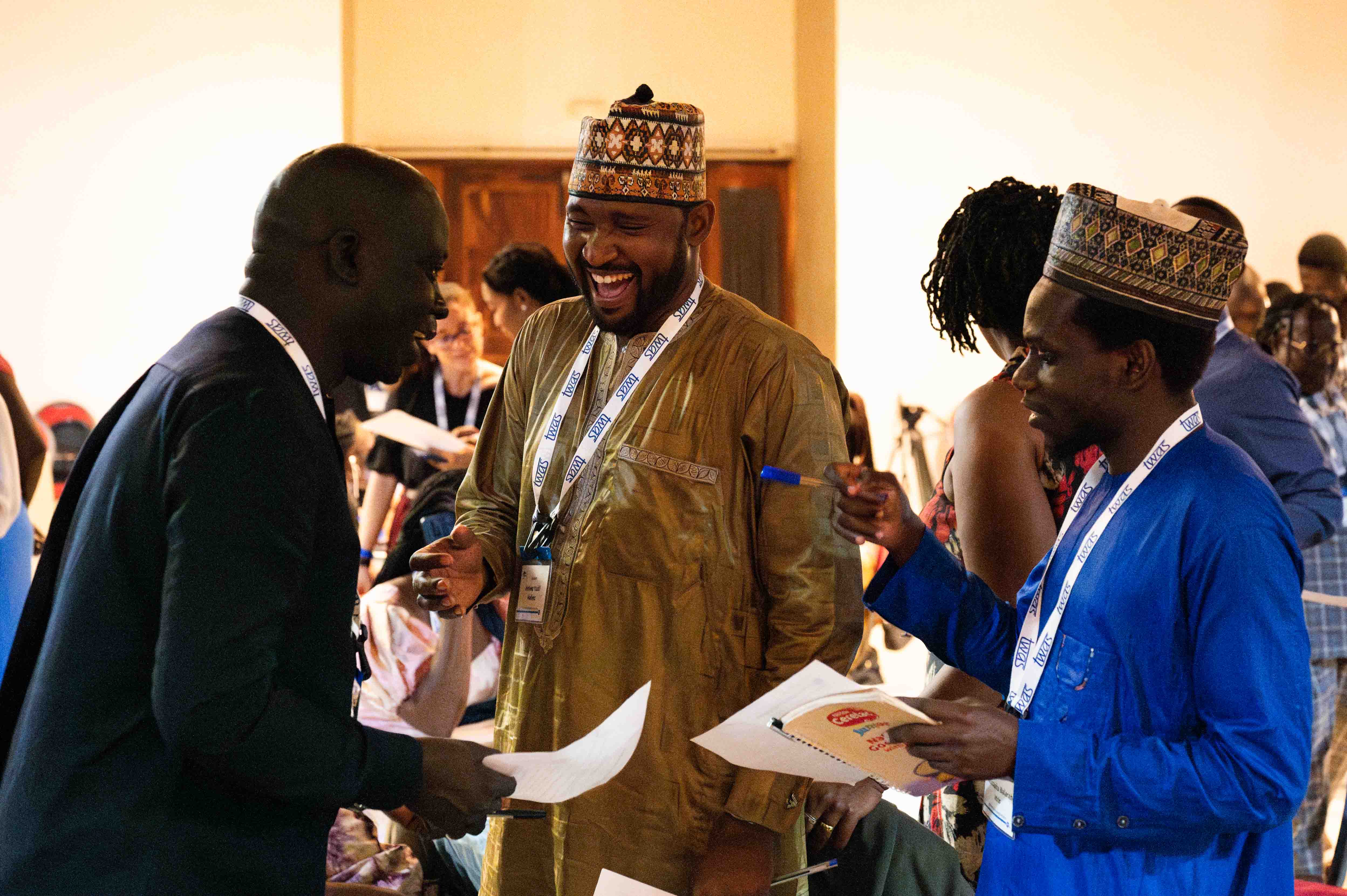 From left: Balla Diop Ngom, Research Grantee, Faculté des Sciences et Techniques, Université Cheikh Anta Diop, Dakar, Senegal; Hafeez Yusuf Hafeez, SG-NAPI Grantee, Federal University Dutse, Department of Physics, Dutse, Nigeria; and Mustapha Balarabe Idris, SG-NAPI Grantee, Federal University Dutse, Department of Chemistry, Dutse, Nigeria. (Photo: G. Ortolani/TWAS)