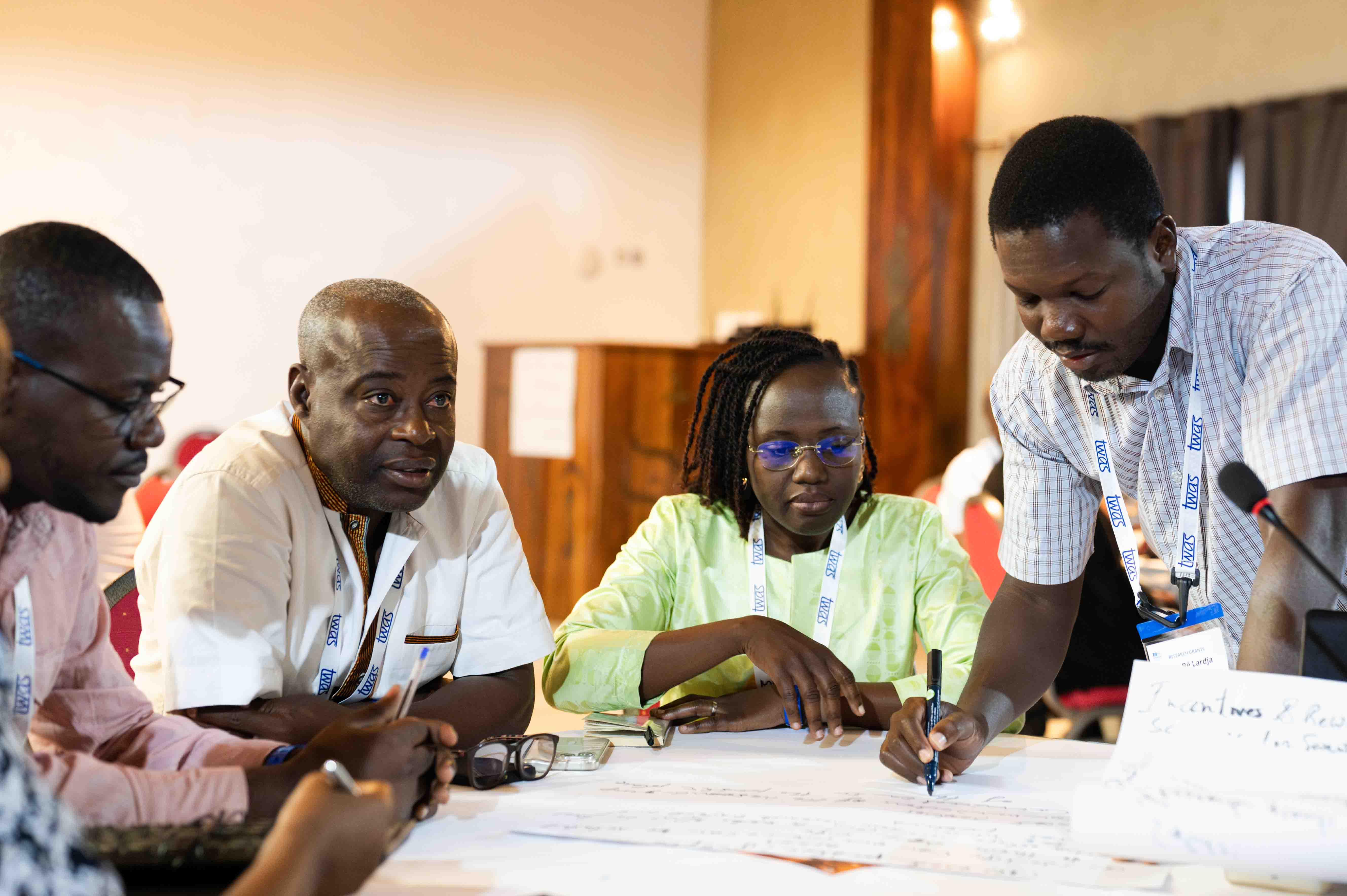 From left: Victorien Dougnon, URMAPha Université d’Abomey-Calavi; Louis Aimé Fono, Research Grantee, Faculty of Science, University of Douala, Douala, Cameroon; Tani Sagna, Research Grantee, Ouagadougou, Burkina Faso; and Dam-Bé Lardja Douti, Research Grantee, Département de Physique, Faculté des Sciences et Techniques, Université de Kara, Togo. (Photo: G. Ortolani/TWAS)